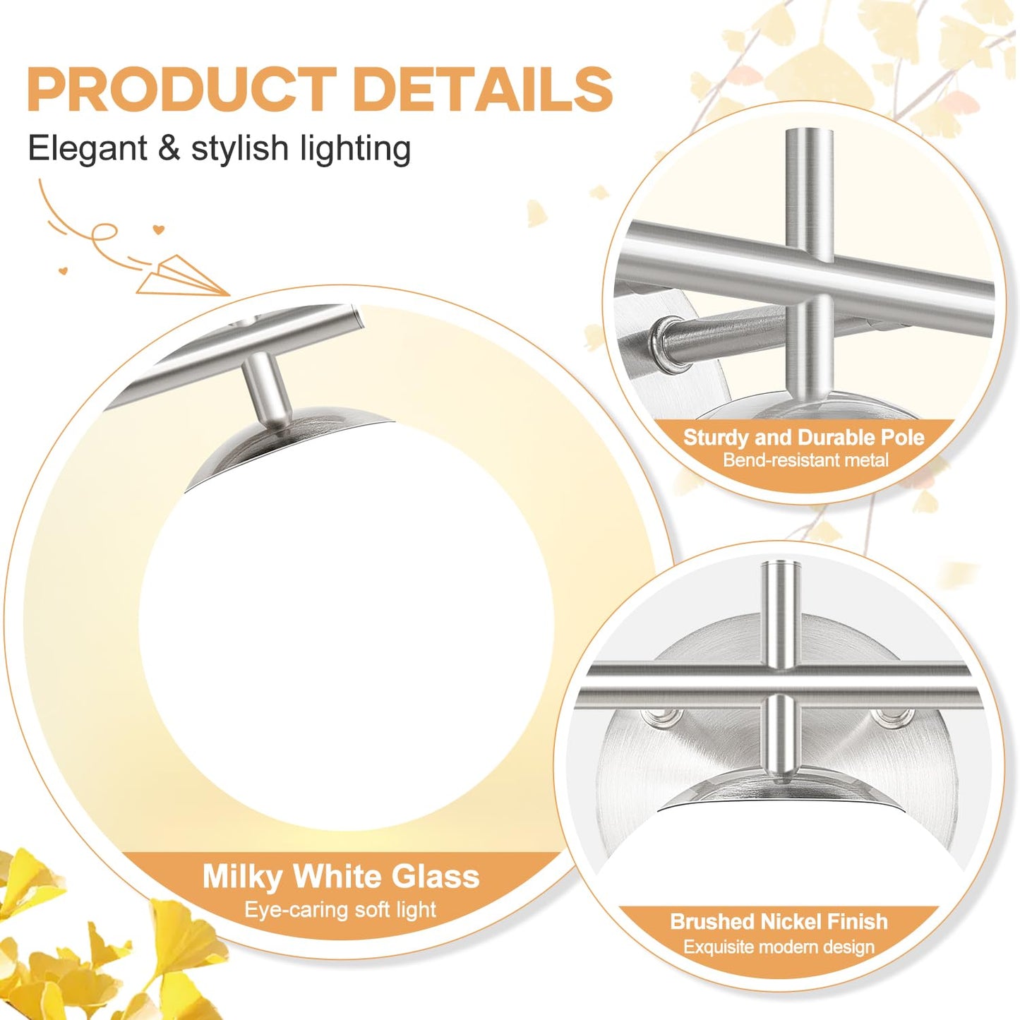 3-Light Bathroom Light Fixtures  Brushed Nickel Vanity Lights For Bathroom With Milky White Ball Shades  18.9 Inch Bathroom Lighting Fixtures Over Mirror  Wall Sconce For Bedroom (Bulb Not Included)