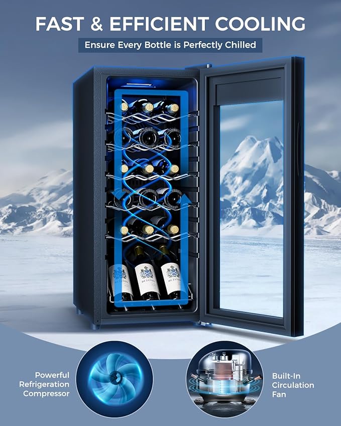 18 Bottle Compressor Wine Cooler Refrigerator - 1.58 Cu.Ft Freestanding Wine Cellar for Red, White, Champagne, Small Wine Fridge with Glass Door & Adjustable Temperature for Home Bar, Office