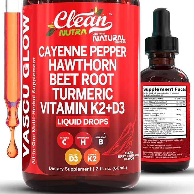 Clean Nutra Cayenne Pepper Drops Supplement Liquid + Hawthorn Berry, Vitamin D3 K2 Beet Root Powder, Ceylon Cinnamon, Turm...