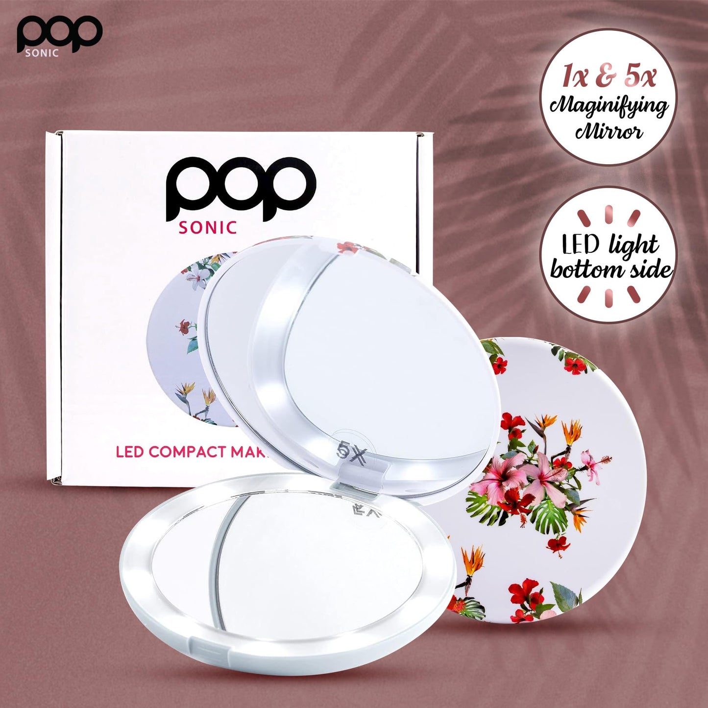 LED Compact Mirror - White Floral | Portable Makeup Mirror - 5 Foldable - 1X & 5X Lighted Magnifying Mirror
