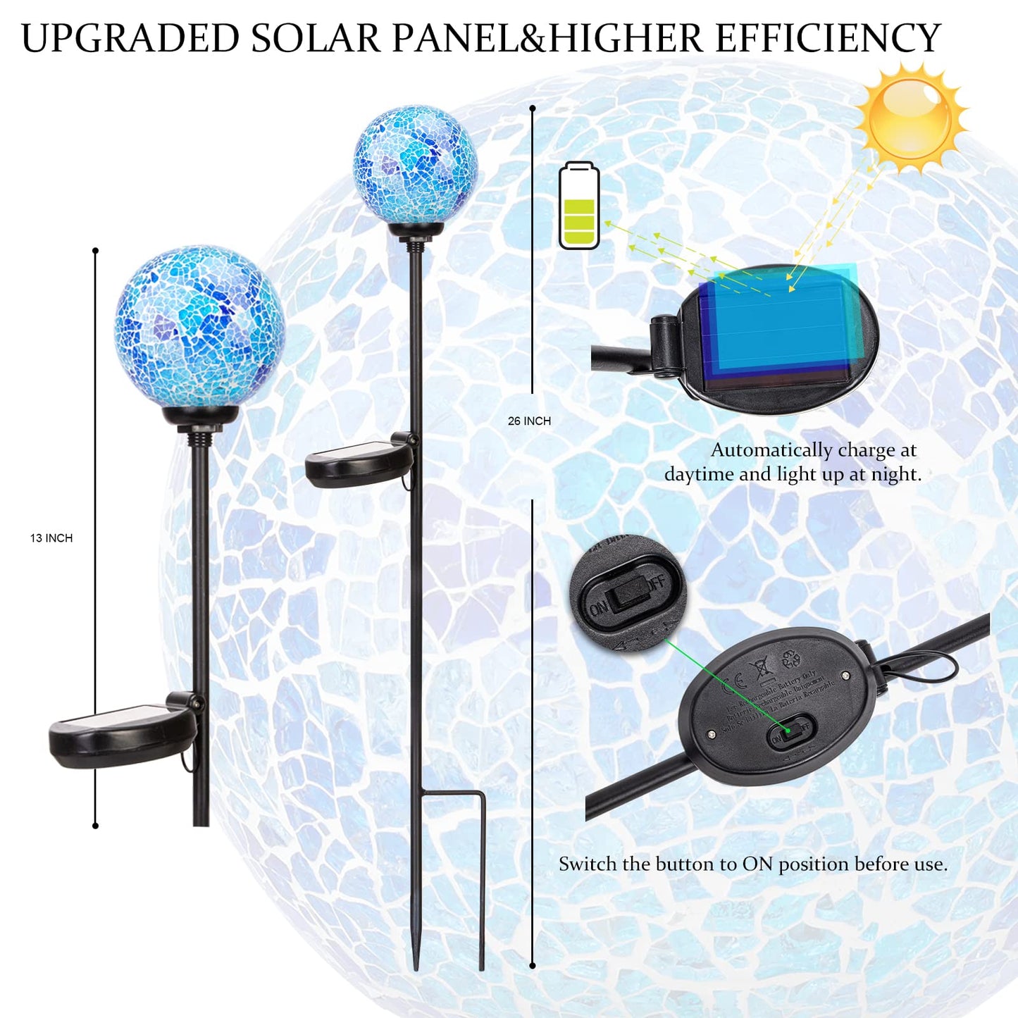 VCUTEKA Solar Garden Stakes Light - Waterproof LED Mosaic Decoration, Blue, 1 Pack, Model B0B3LNV5BG