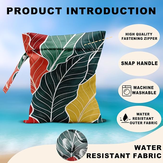 2Pcs Palm Leaves Wet Bags 12x10 Inch, Summer Plant Waterproof Wet Dry Bags, Washable Travel Laundry Bag for Swimsuit Beach Diapers Dirty Yoga Gym Clothes, Plant Gifts for Women Friend Travelers