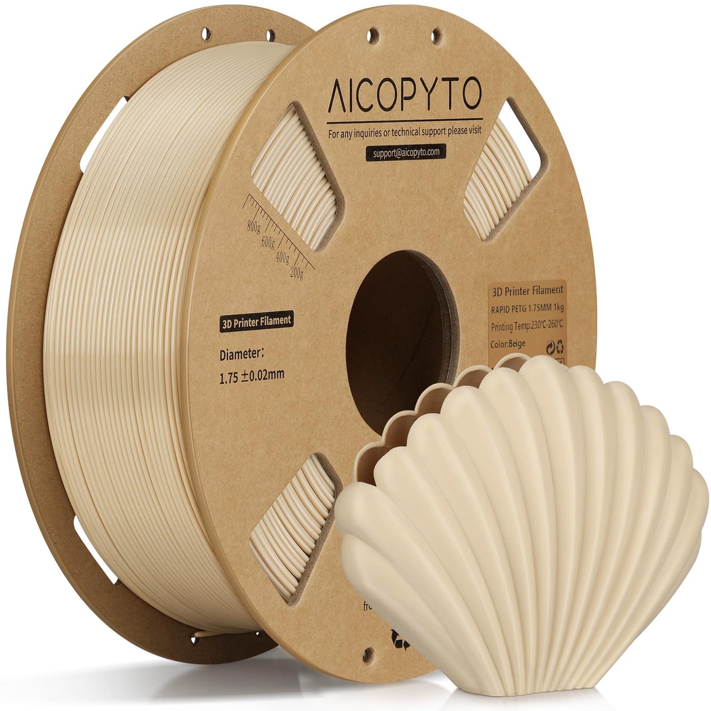 AICOPYTO PETG Filament 1.75mm Beige 1KG High Speed 30-600mm/s 3D Printer Filament Rapid PETG Dimensional Accuracy +/- 0.02mm, 1k