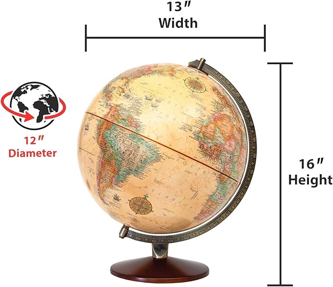 Replogle World Globe with Stand, 12 Inch diameter with 3-D Raised Relief Texture. Perfect for Children And Kid's Classroom and home Decor, Made In USA. (Presscraft Antique)