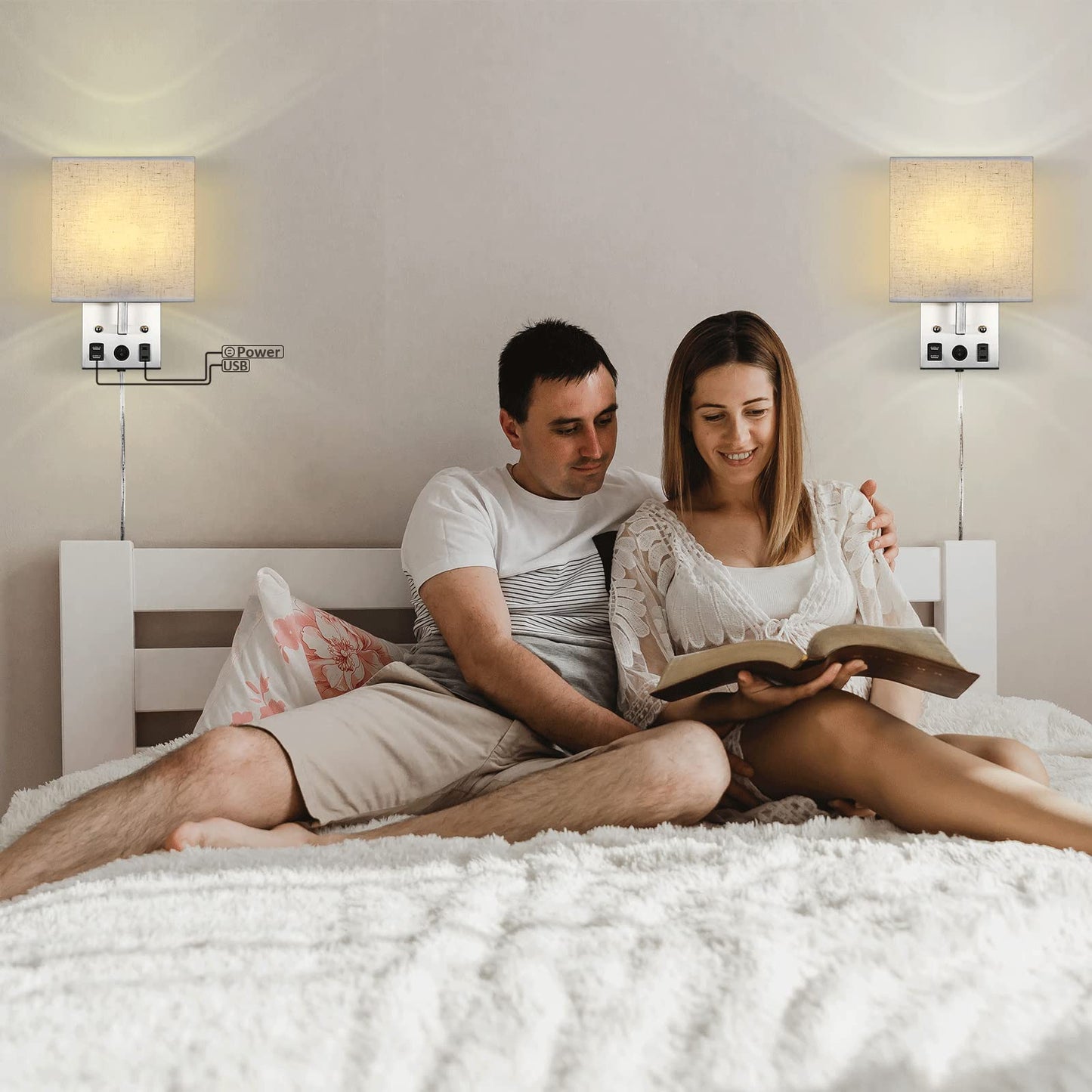 Caduke Wall Lamp Set Of 2, Plug-In With Usb Ports, Brushed Nickel, E26 Led Bulb Included, Modern Sconces For Bedroom & Living Room