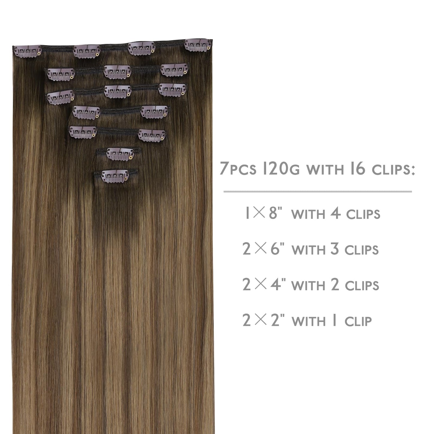 WENNALIFE Clip in Hair Extensions - Real Human Hair, 24 Inch 120g 7pcs, Light Ash Brown to Warm Chocolate Highlighted Caramel Bl