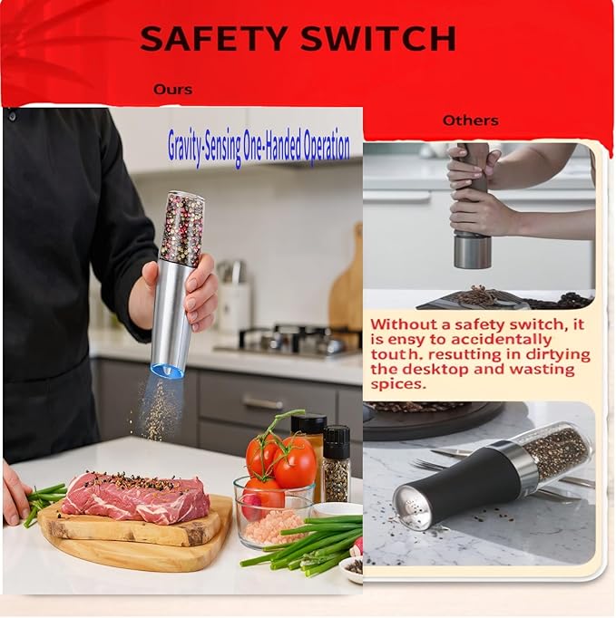 Electric Salt & Pepper Grinder,Spice Grinde USB-Rechargeable with Gravity-Activated LED Light, 150ml Silver Model for Kitchen Cooking, Travel, and Gatherings