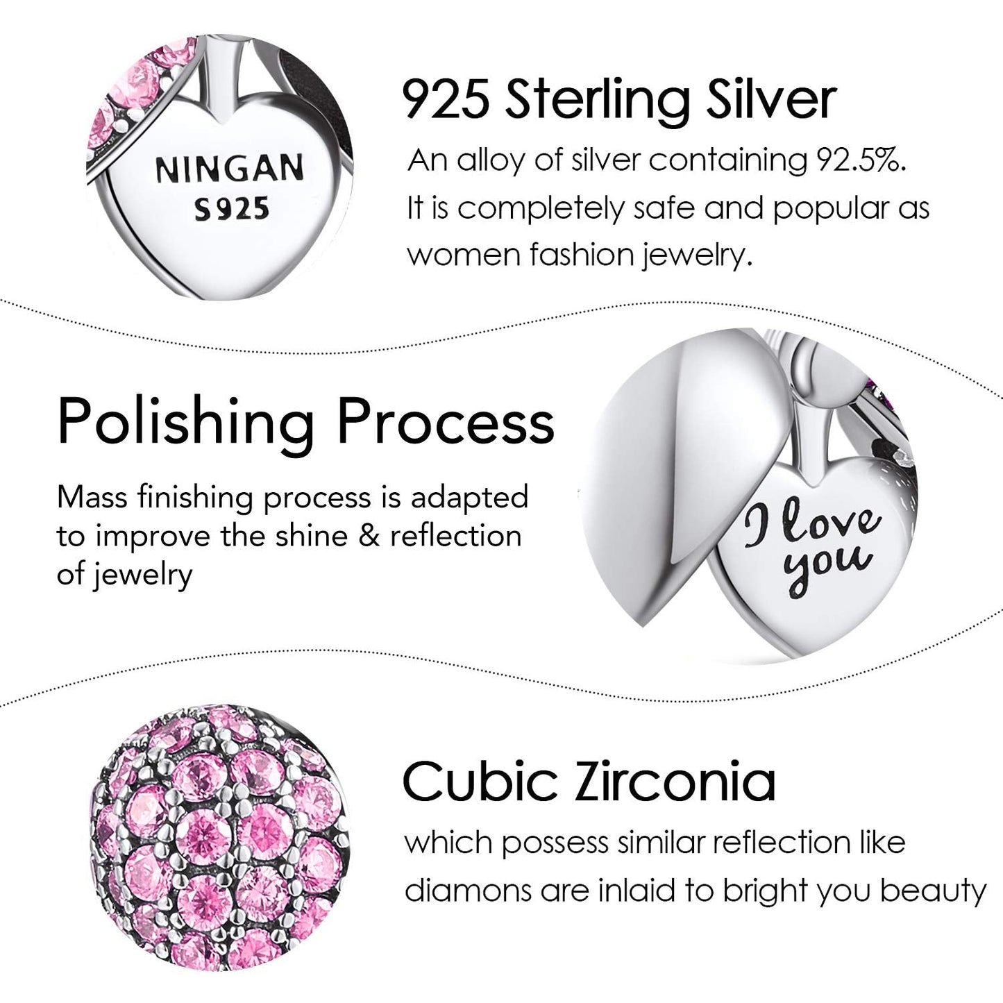 NINGAN You & Me    Pink Heart Pendant Love Charm 925 Sterling Silver Dangle Charms Compatible with Major European Bracelets & Ne