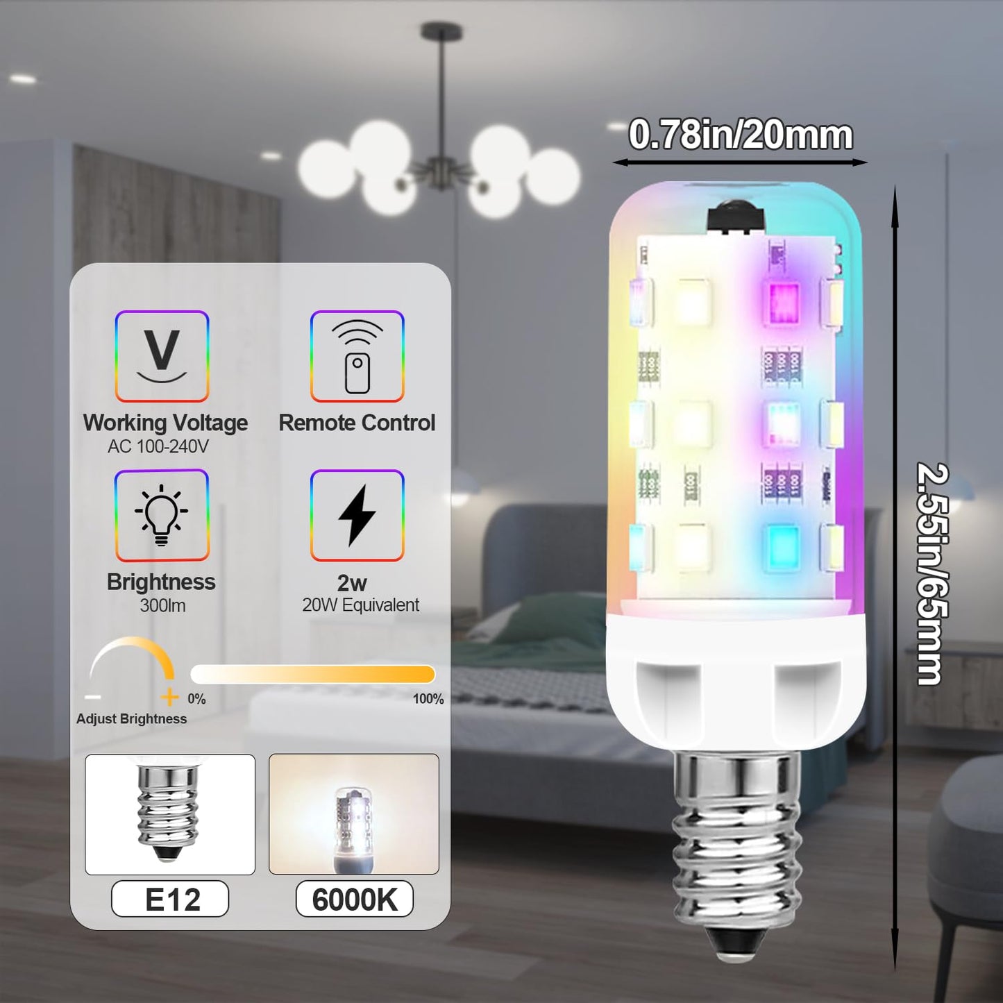XRise E12 LED Bulb 2.5W Dimmable RGB+White Color Changing Remote Control 6000K 250LM 4 Pack