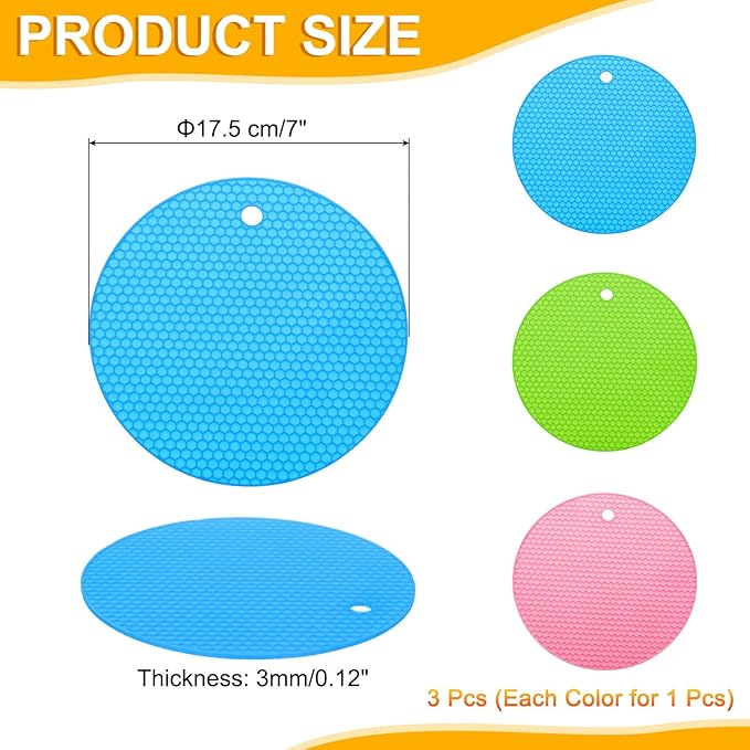 uxcell 3pcs Silicone Jar Opener Pads, 17.5cm/7" Texture Can Opener Multipurpose Round Bottle Lid Opener Non-Slip Coasters for Weak Hands Seniors Children, Pink, Blue, Green