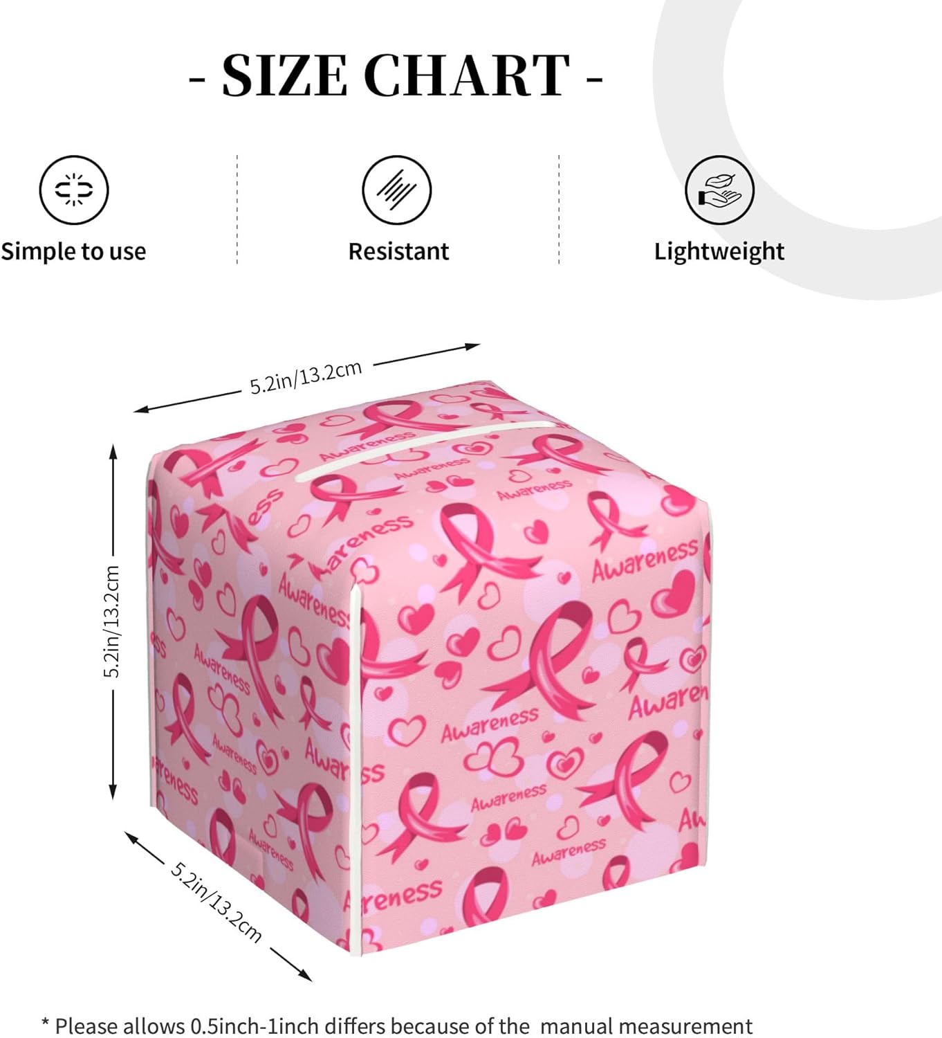 Breast Cancer Awareness Tissue Box Cover Square,Ribbons and Hearts Tissue Box Holder Waterproof Leather Facial Paper Organizer Dispenser for Bathroom Home Car Nightstand Vanity Desk