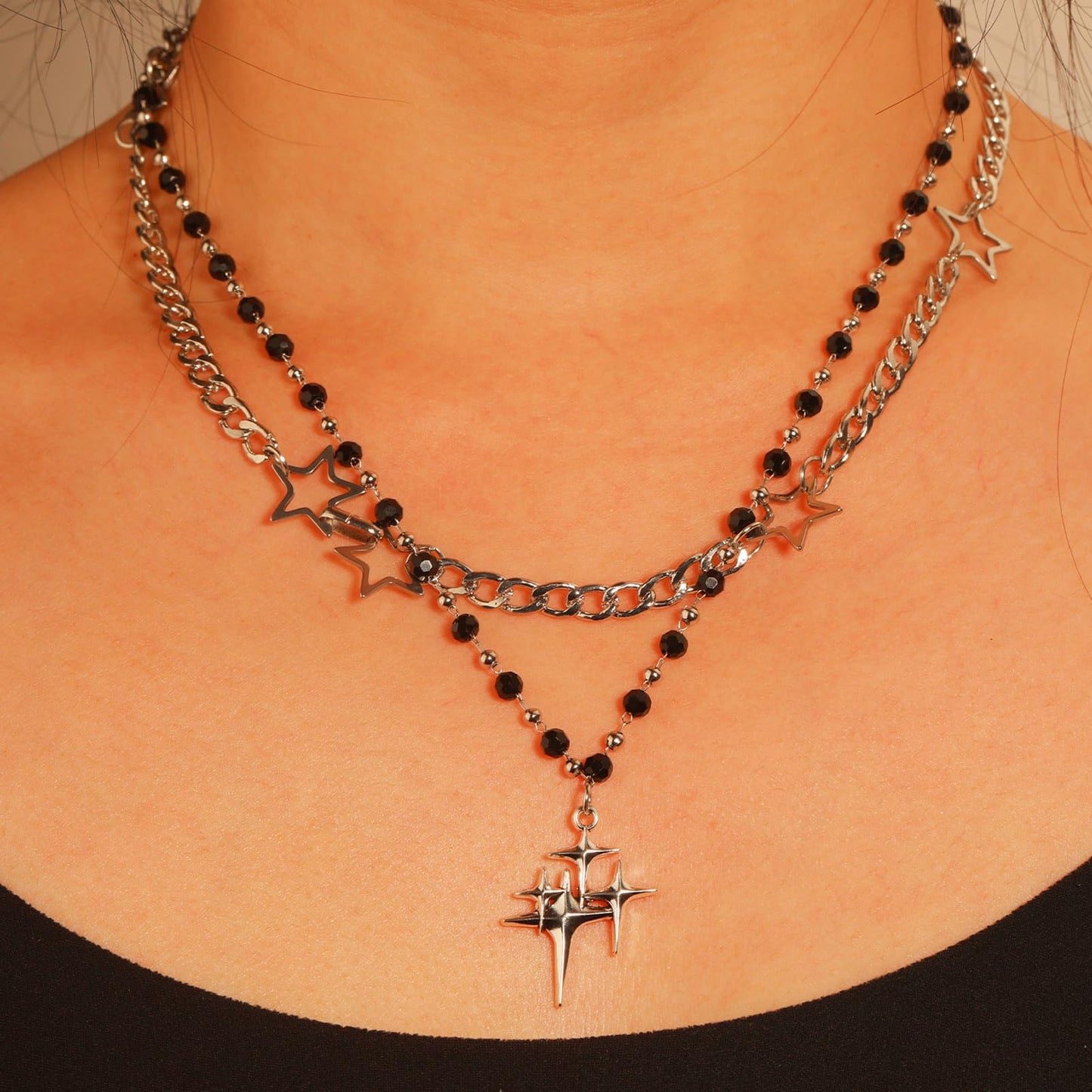 LIRUNQIN 5PCS Y2K Gothic Necklace Set – Star Pendant, Beaded Silver Chain, Grunge Emo Jewelry Pack – Alt Accessories for Women– Fairy Grunge, Alternative, Goth & Y2K Jewelry