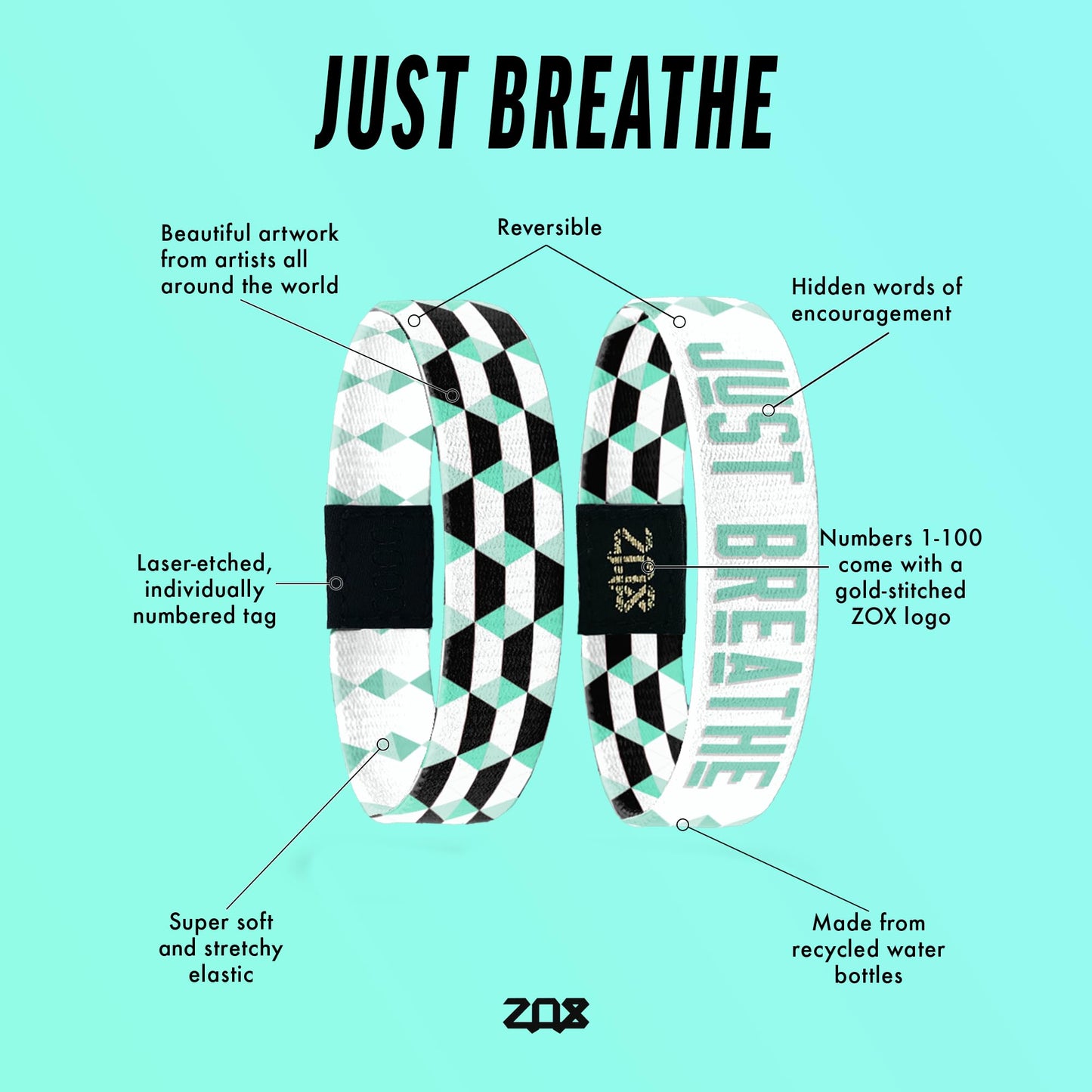 ZOX Bracelets - Just Breathe | Stretchy Elastic Band with Motivational Affirmations and Beautiful Artwork, Great Wristband Gift