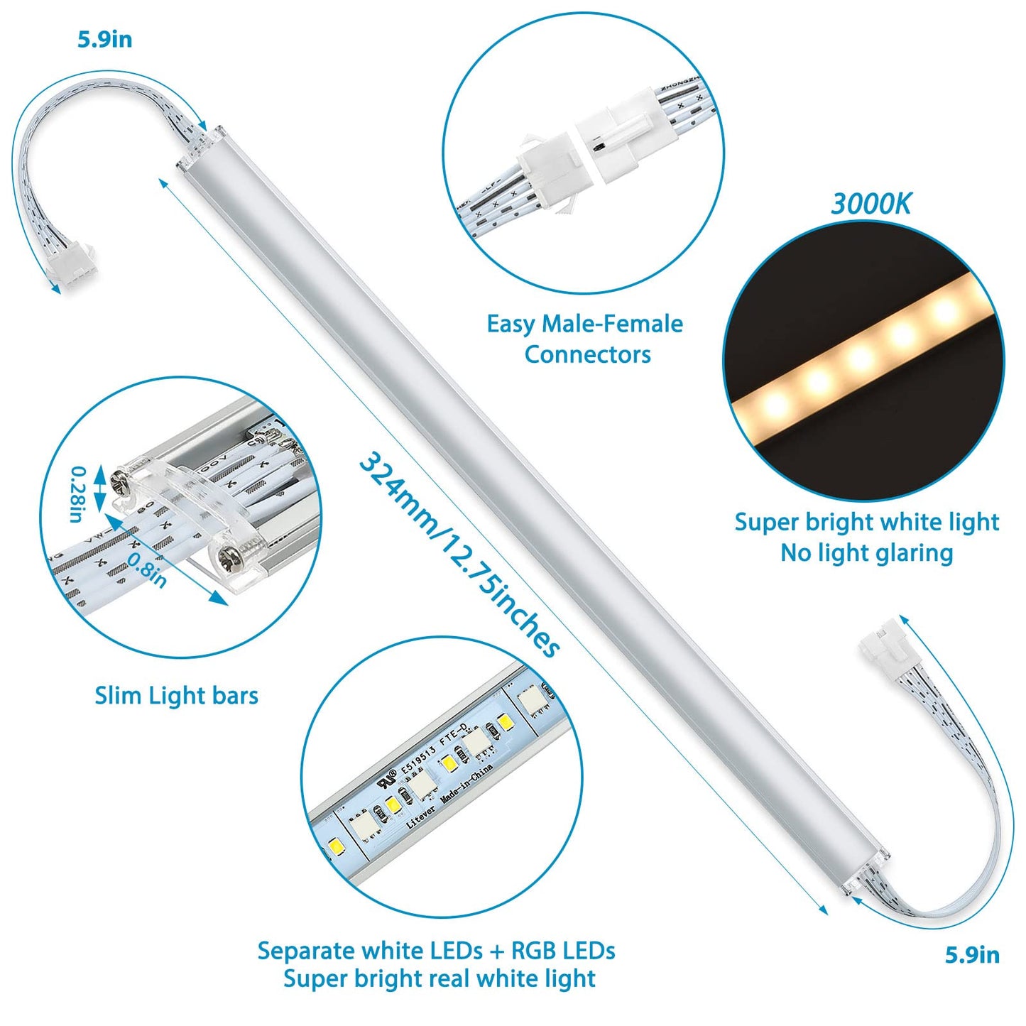 Litever Under Cabinet Led Lighting Kit. Rgb Color & Bright Warm White Light. Slim Linkable Led Light Bars With Power Adapter  Controller  Extension Cords. Max 24W. Dimmable. Plug In. Rgb + 3000K.
