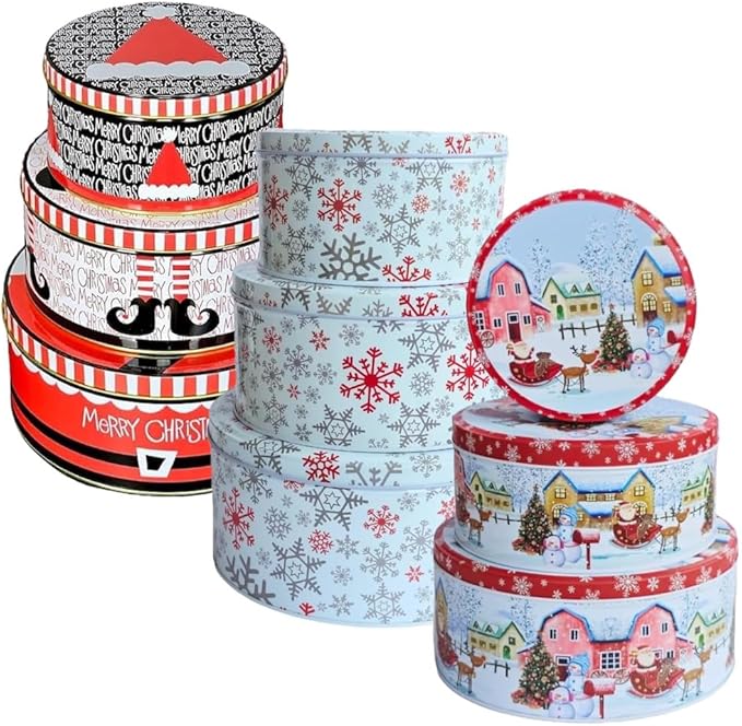 Holiday Tin Bundle – Set of 3 Festive Christmas Cookie & Candy Tins (Elf Hat, Wonderland, Snowflake Designs) – Stackable Storage Containers for Treats, Gifts & Seasonal Décor
