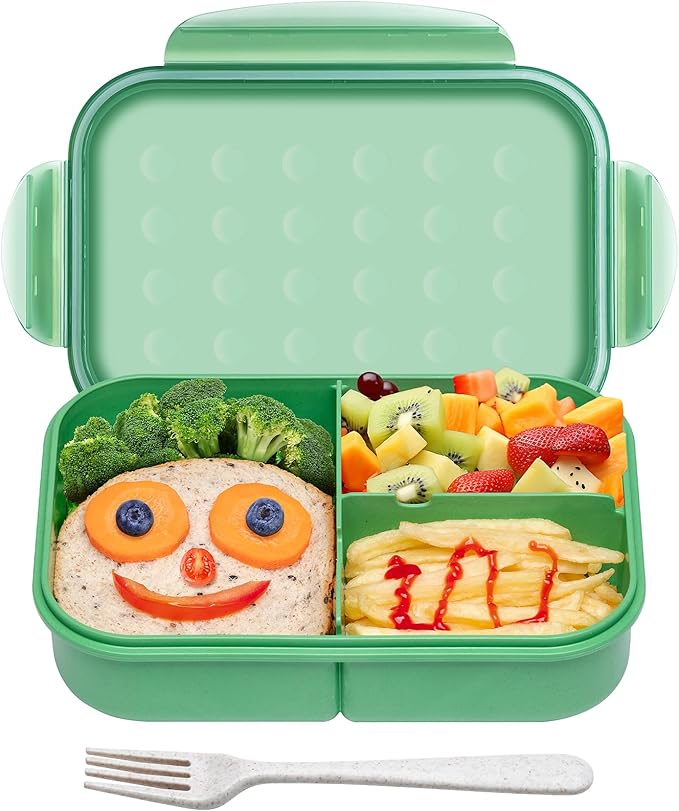Wheat Straw Bento Box, BPA-Free Lunch Box for Kids & Adults - Leakproof 3-Compartment Lunch Containers with Utensil, Microwave/Dishwasher Safe, 5.5 Cup Green