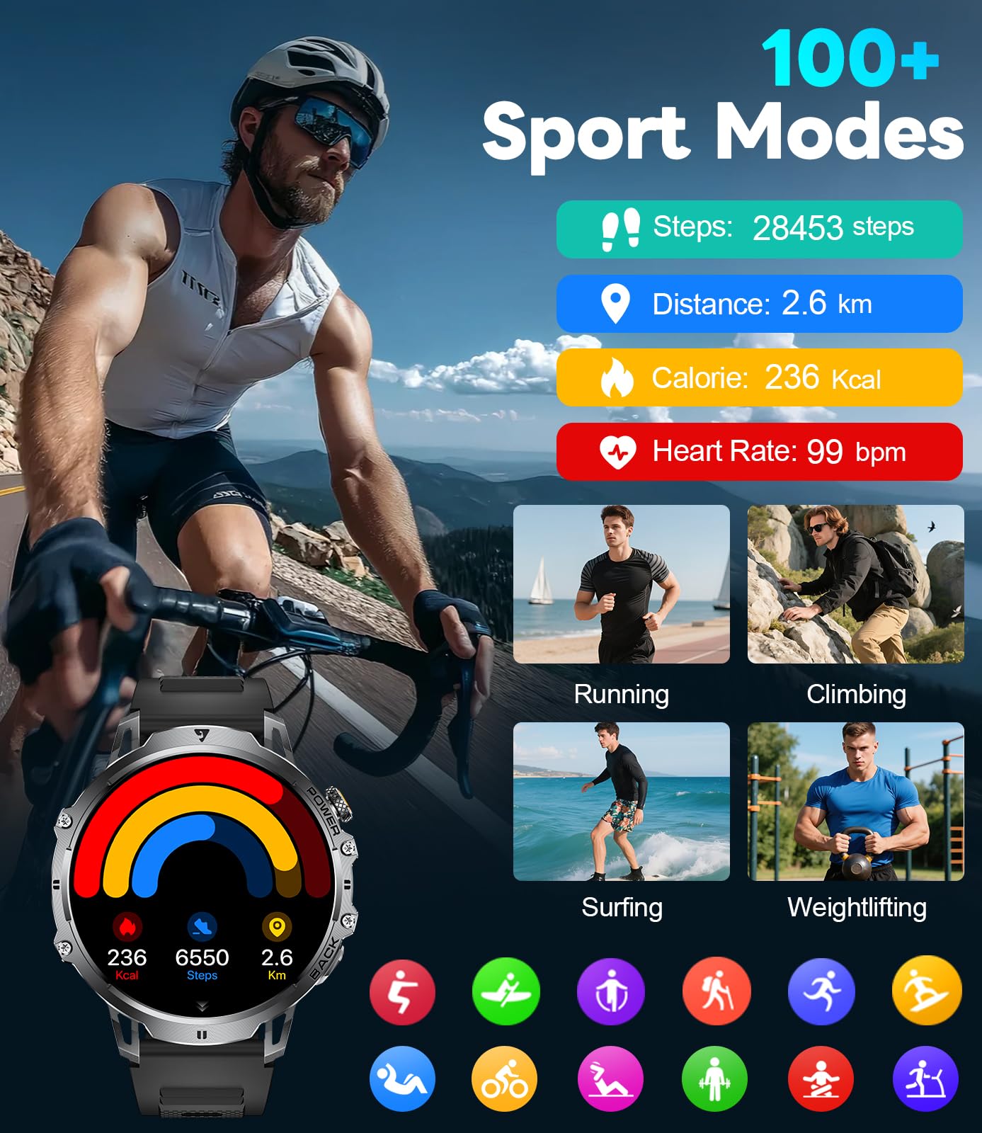 Smart Watches for Men with Bluetooth Calling,1.85" HD Display Rugged Military Fitness Tracker with Heart Rate Monitor Built-in LED Flashlight 110+ Sports Modes IP68 Waterproof for Android iOS Black