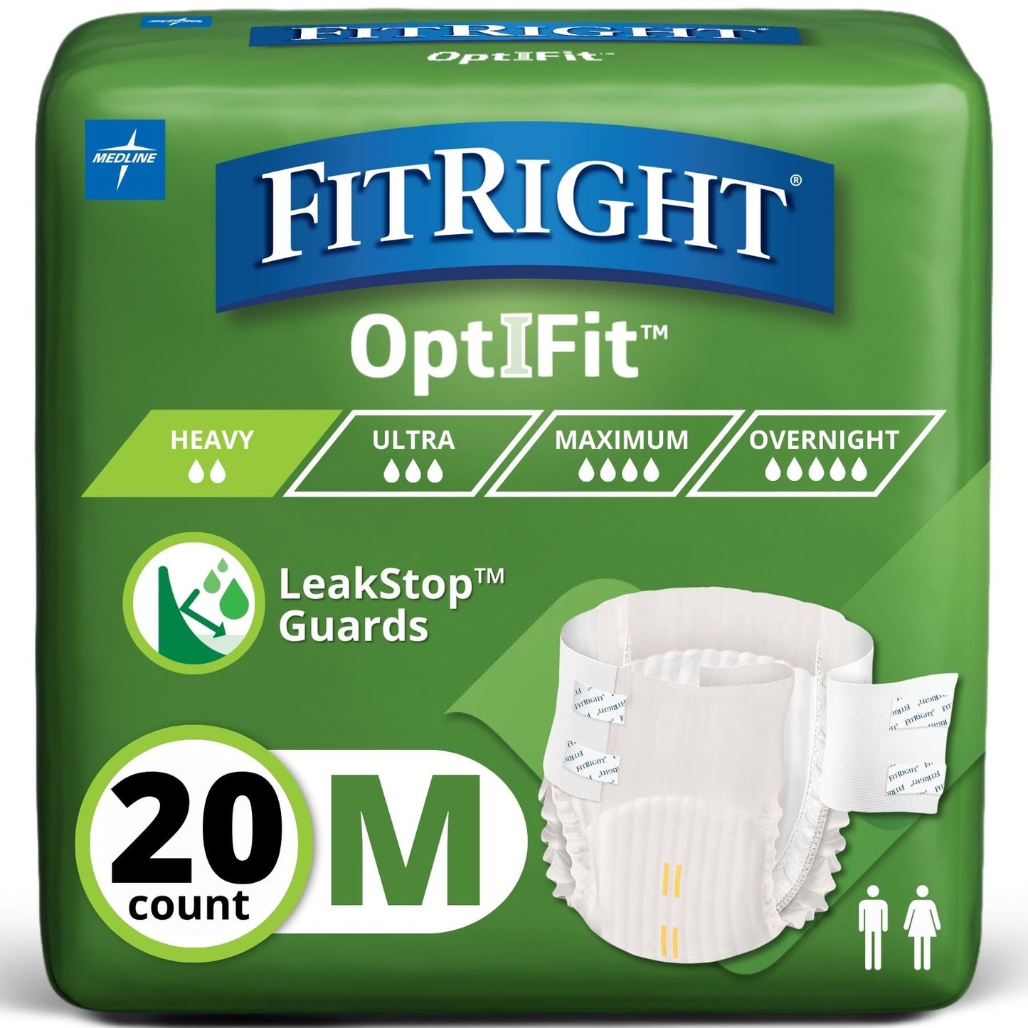 FitRight Adult Diapers, Extra+ Heavy Absorbency, M (Waist Size 32in-44in), 20 Count, OptiFit Incontinence Briefs for Men and Women, Disposable, Moisture-Wicking, Leak Protection,
