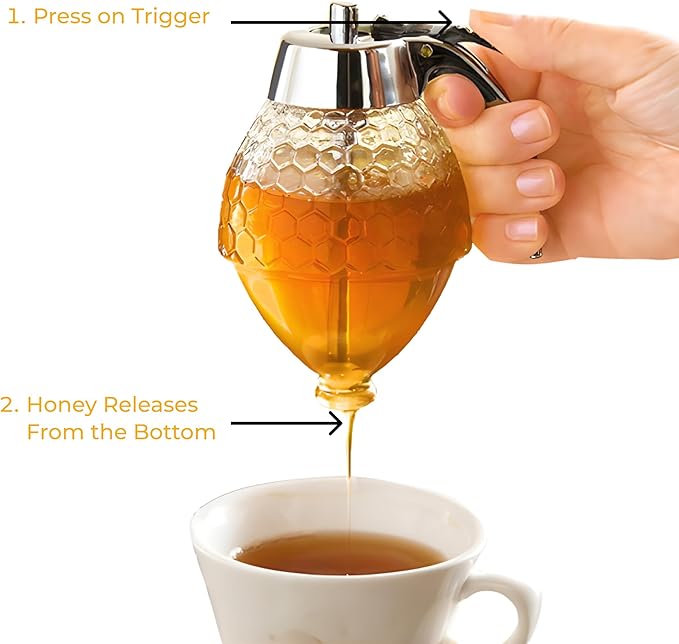 Hunnibi 8oz No Drip Glass Honey Dispenser with Plastic Top - Honeycomb-Style Syrup Server and Bee-Themed Storage Jar with Stand - 6" Clear Container for Honey, Maple Syrup
