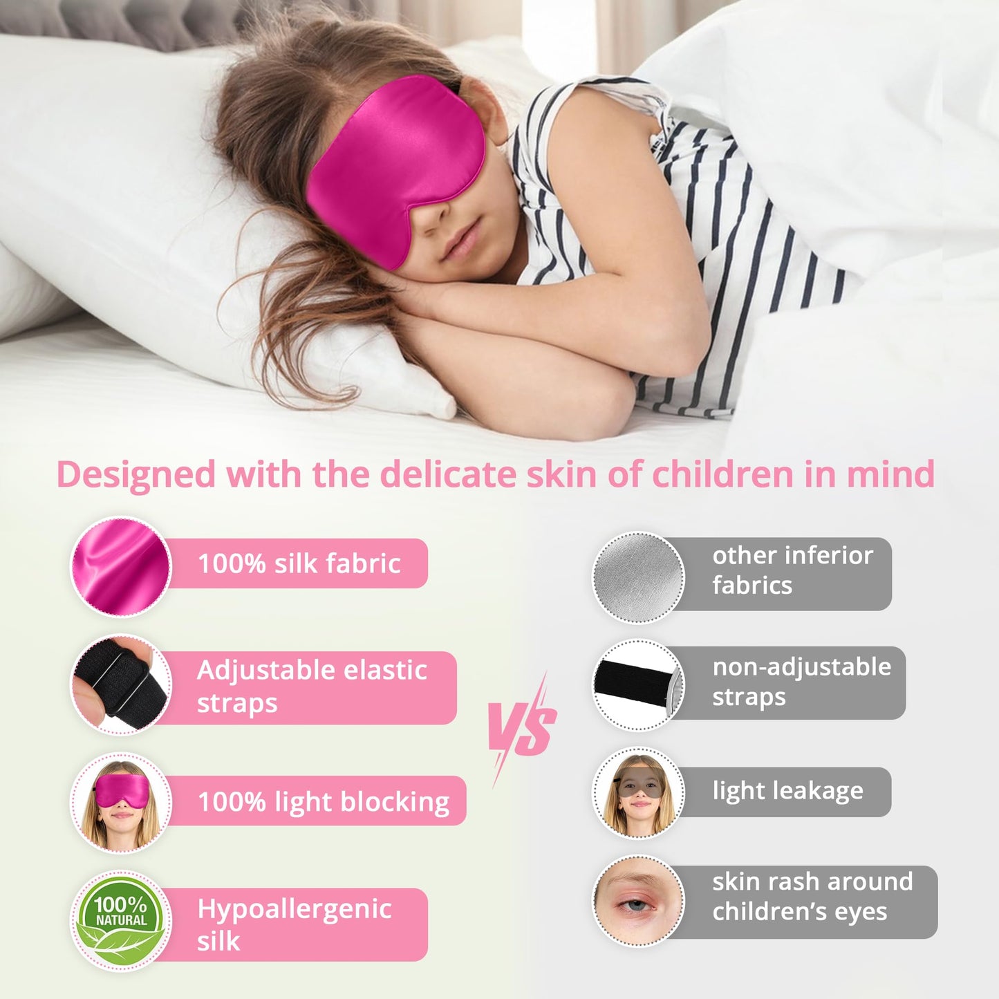 Kids Sleep Mask Eye Cover, 100% Real Natural Pure Silk Eye Mask with Adjustable Strap, Blindfold Kids Eye Mask for Sleeping, Eye Shade for Boys Girls and Adult, Pressure-Free Comfort (Rose red)