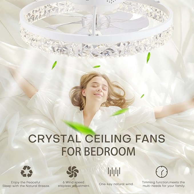 STERREN Ceiing Fan with Light, 19.7'' Low Profile Crystal Ceiling Fan with Remote Control, Modern Flush Mount LED Ceiling Fans, Bladeless White Fandelier for Bedroom, Living Room, Kitchen