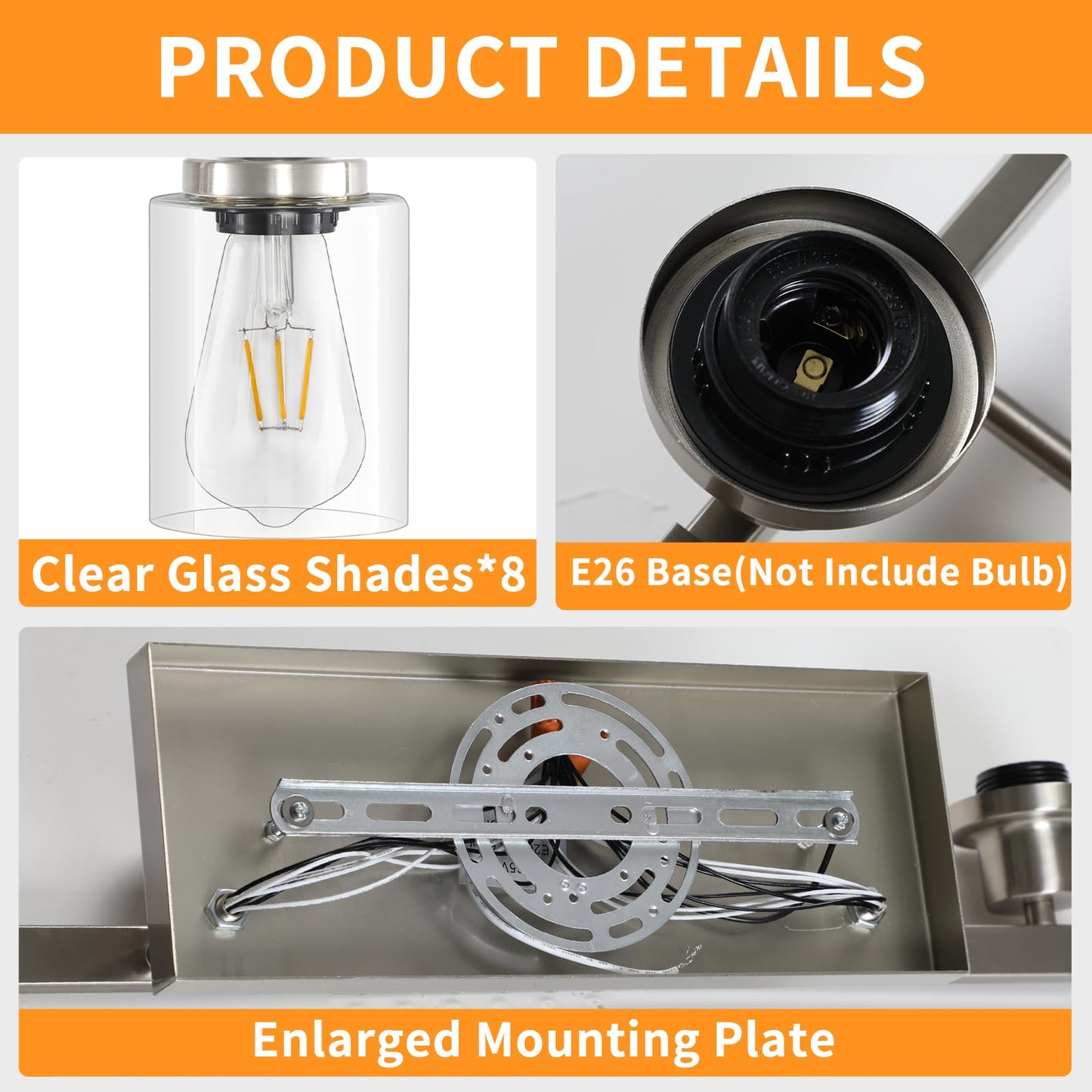 DIKAIDA 52in Brushed Nickel Vanity Light Fixtures, 8-Light Metal Bathroom Lighting, Model NS-8