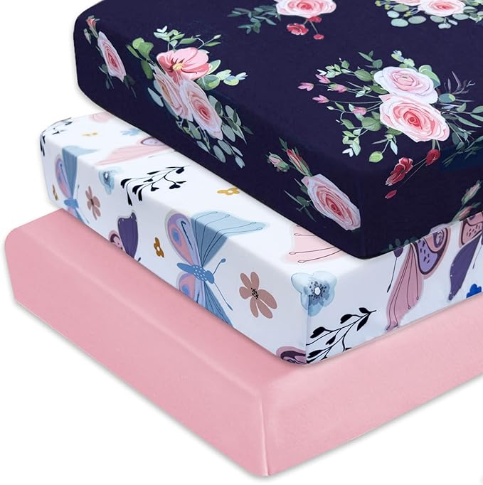 AMROSE 3 Pack Heavenly Soft Crib Sheets for Baby Girls, 28'' X 52'' Fitted Sheets for Crib and Toddler Mattress Pad, Silk Touch Gentle Breathable Microfiber, Floral & Butterfly