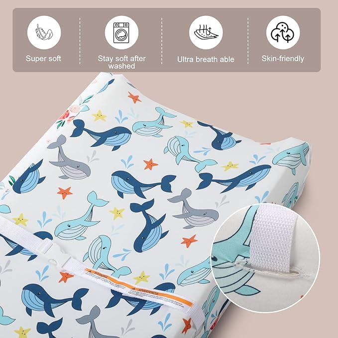 Changing Table Pad Cover Elastic Changing Pad Cover Premium Baby Changing Pad Cover 2 Pack for Boys Girls Soft and Comfortable (The Whale and The Lion)