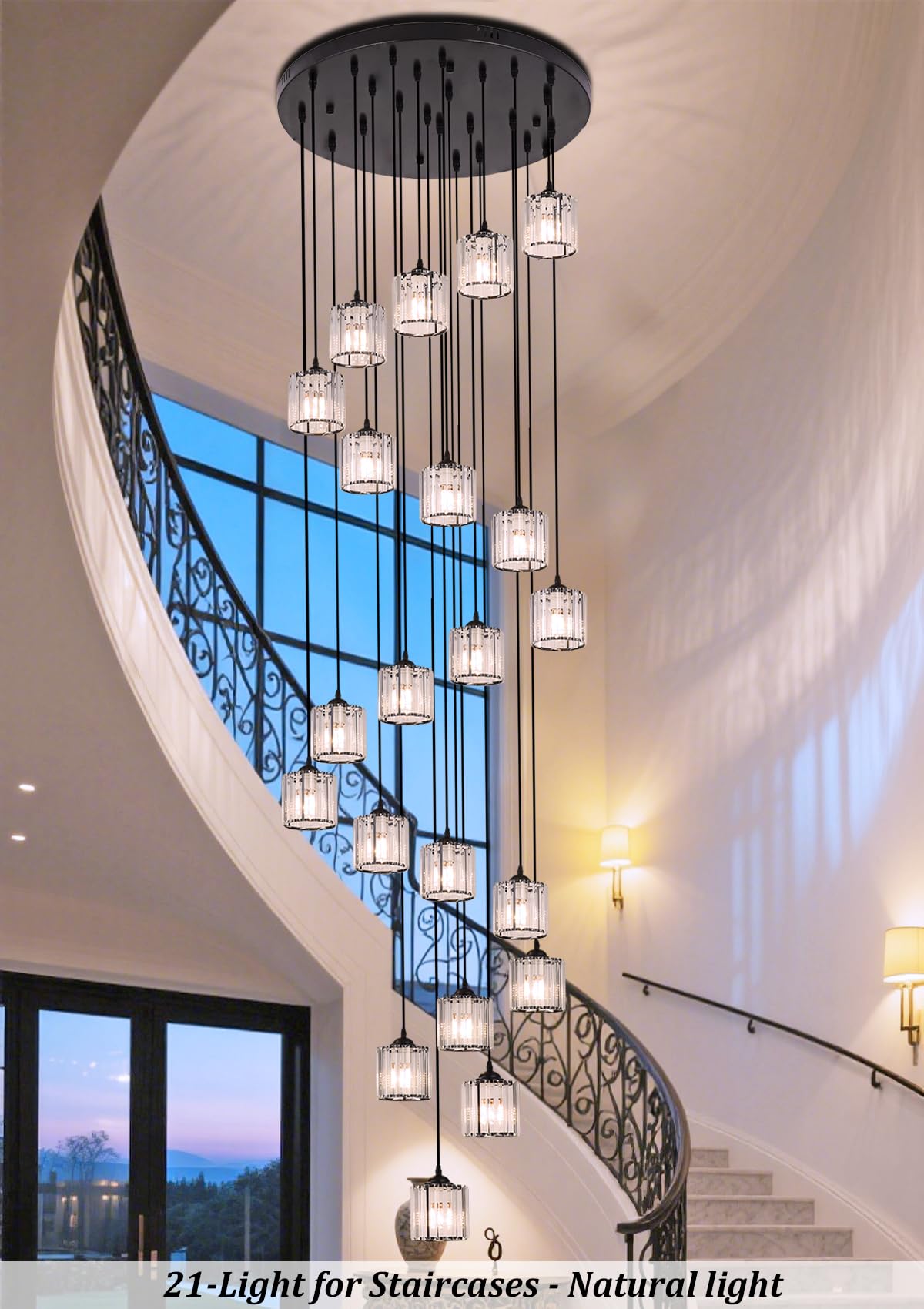 Meimond Long Chandeliers For High Ceilings Modern Crystal Pendant Light Raindrop Drop Lamp Hanging Flush Mount Lighting Fixtures For Spiral Staircase Foyer Entryway Living Room Black (21 Lights)