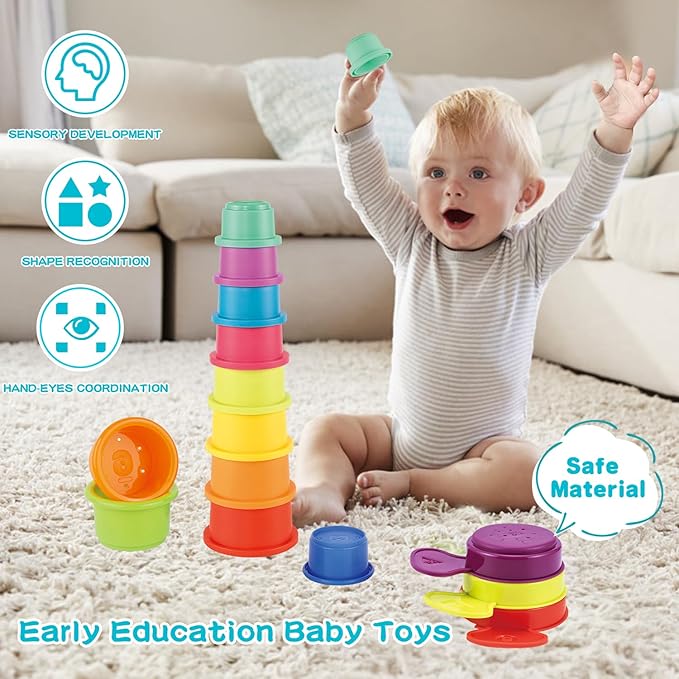 Bath Toys, 14 PCS | Safe & Educational Stacking Cups and Spoons with Numbers | Mold Free & Easy Grip Bath Toys for Baby and Toddler | Bathtub Water Toys with Early Learning Color & Shape Recognition
