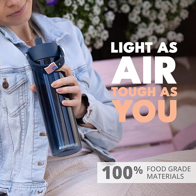 Elemental Splash Water Bottle with Straw - BPA-Free Tritan Plastic Reusable Water Bottle with Charm Strap - Ideal for Travel, Gym and Sports - Leak Proof when Spout is Closed - 26oz - Navy Blue