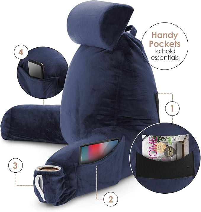 Nestl Reading Pillow Large Bed Pillow, Back Pillow for Sitting in Bed Shredded Memory Foam Chair Pillow, Reading & Bed Rest Pillows Navy Blue Back Pillow for Bed, Bed Chair Arm Pillow with Pockets