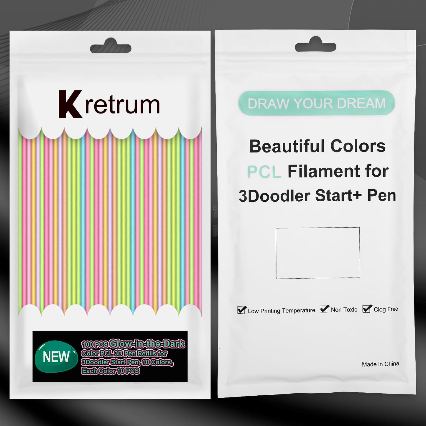 Kretrum Glow in The Dark 3D Doodler Pen Refills for 3Doodler Start+ 3D Pen 2.5mm PCL Filament Refills Packs 10 Colors Glow Filament Each Color 10 pcs Total 100 pcs Only Fit for 3Doodler Start Pen