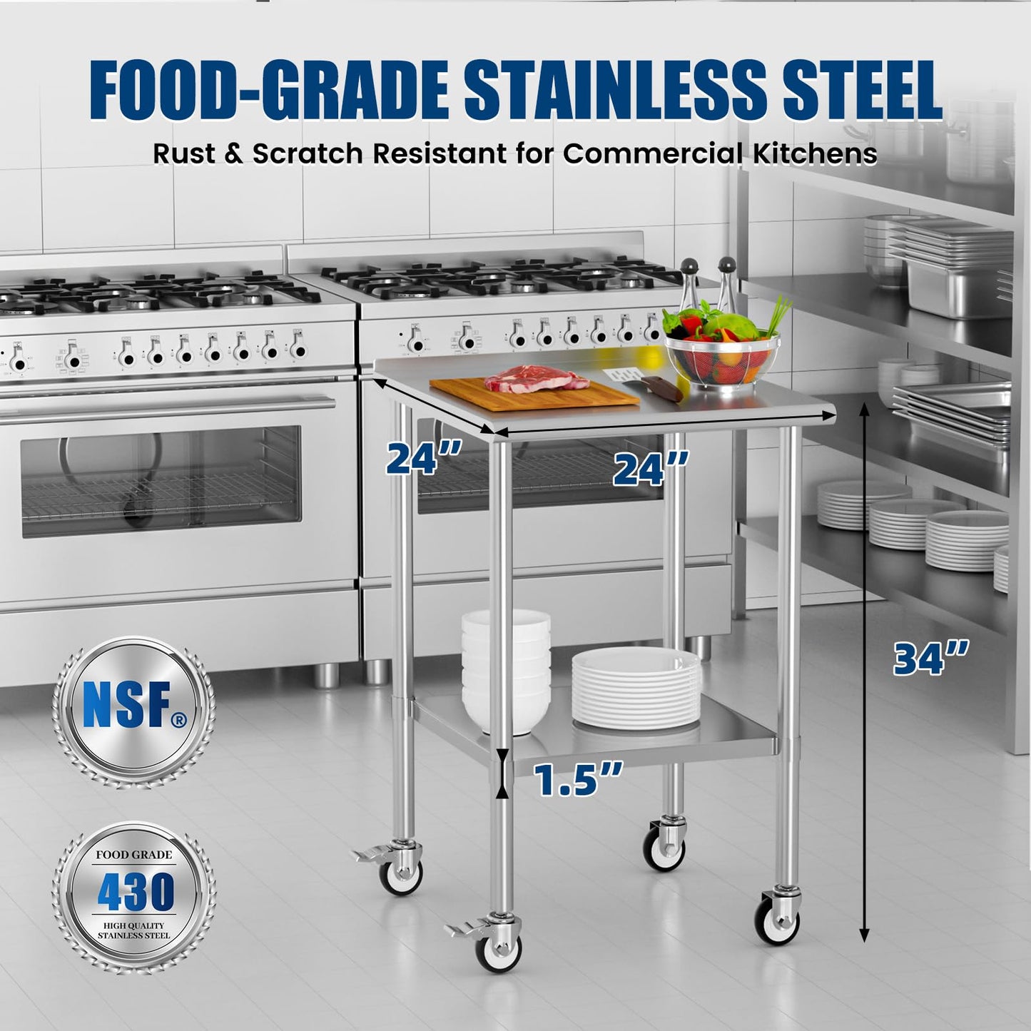 Chingoo Stainless Steel Work Table with Wheels, 24x24 Inch NSF Food Prep Worktable with Backsplash & Adjustable Undershelf for Commercial Kitchen, Restaurant, Garage, Outdoor BBQ
