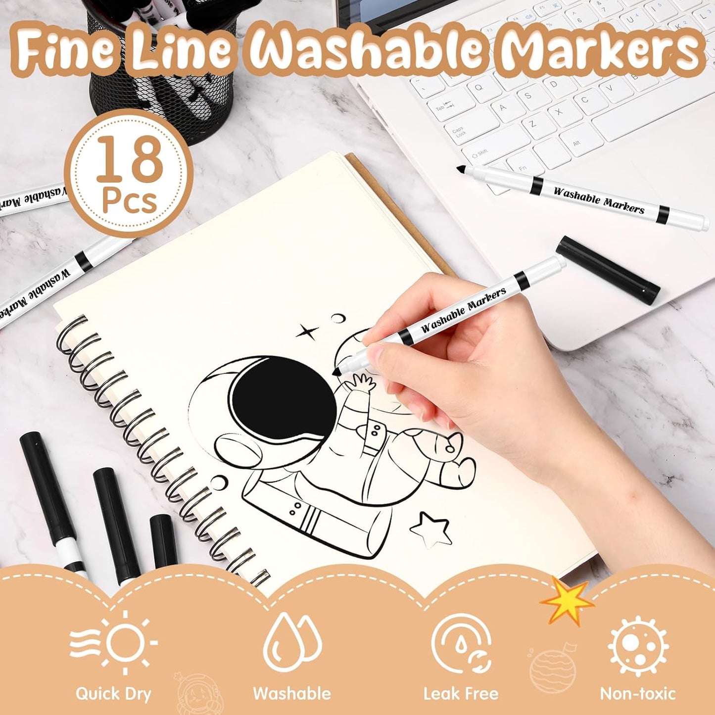 18 Pcs Line Washable Markers Bulk Black Fine Tip Markers Set Coloring Thin Tip Drawing Washable Pen for Kids Art School Classroom Back to School Gender Reveal Party Supplies, Ages 6+