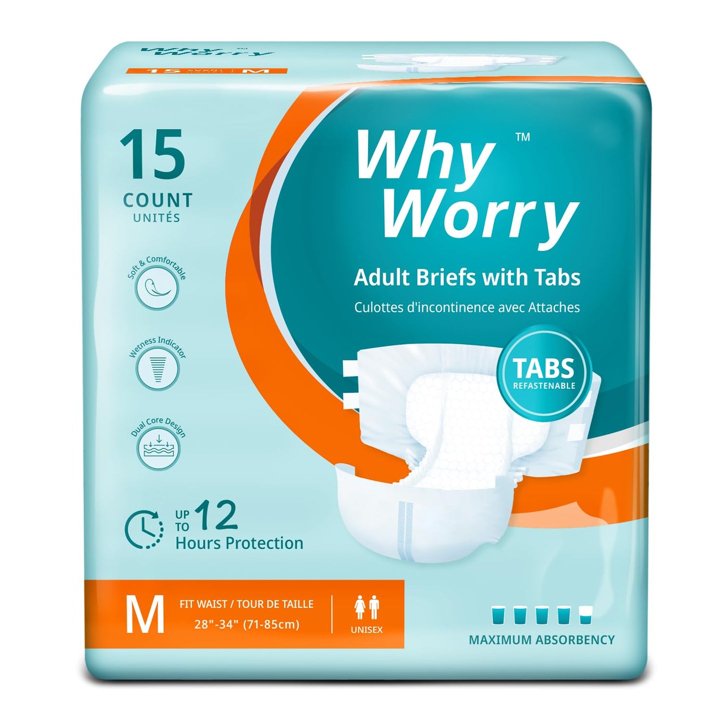 WhyWorry Adult Diapers with Tabs, Disposable Incontinence Briefs for Women & Men with Maximum Absorbency, Adult Briefs for Incontinence Overnight, Odor Control, Unisex, Medium, 15 Count