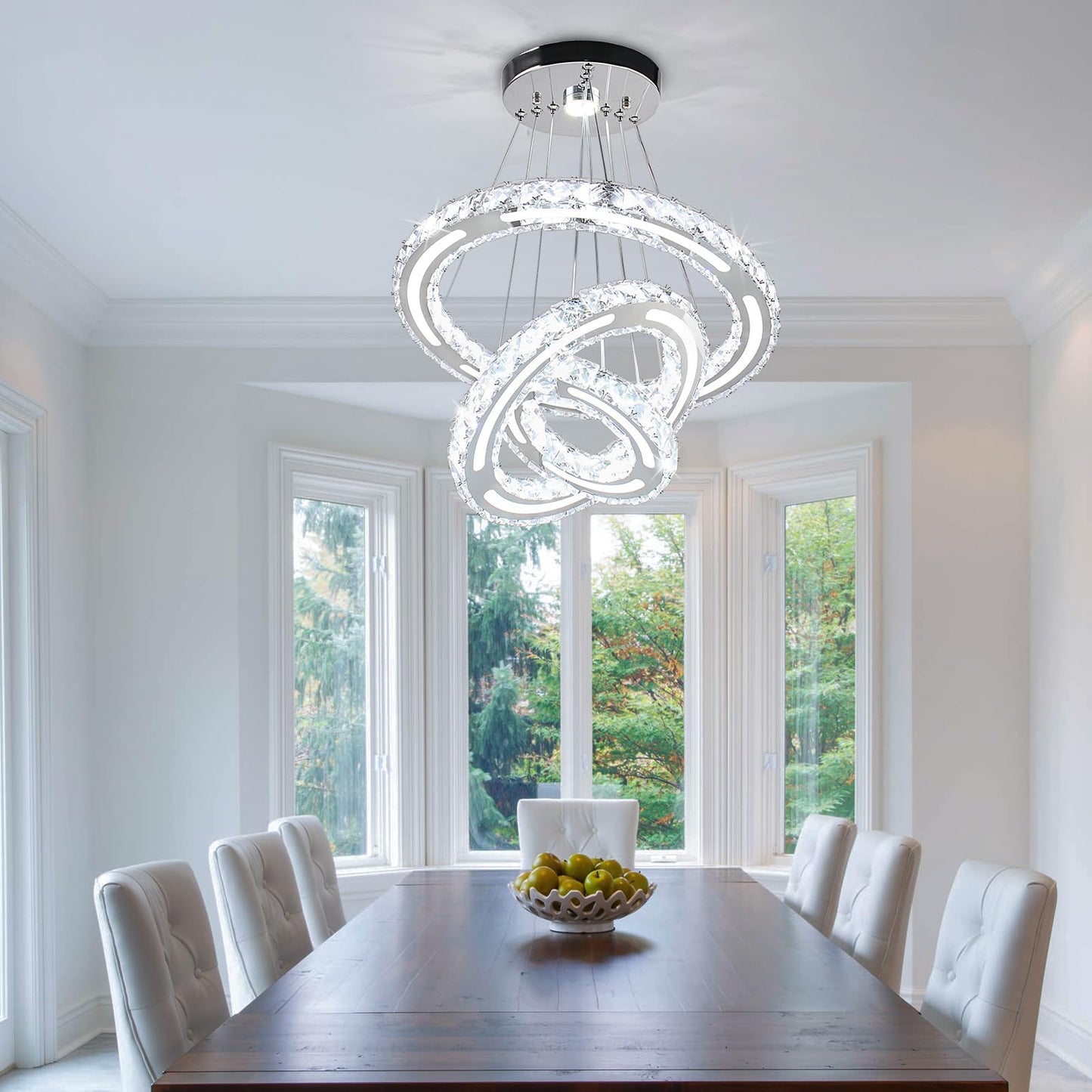 CXGLEAMING Modern LED Chandelier 3 Rings Adjustable Crystal Pendant Light 180mm Base White Light 153 Crystals