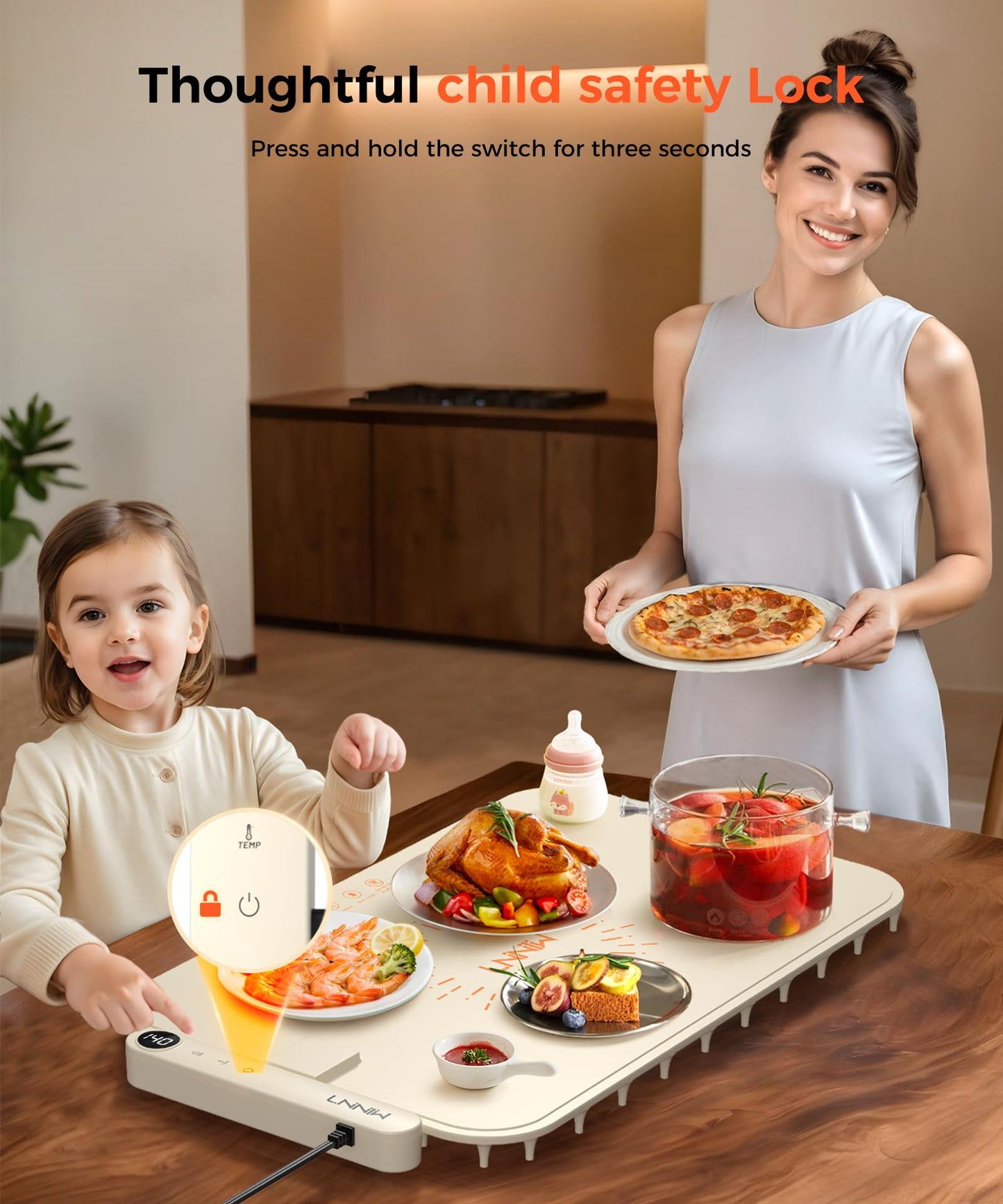 LNNIW Waterproof Food Warming Mat, Color-Changing Electric Heating Tray with 6-Level Temperature Control, 1-6h Timers, Dishwasher-Friendly Food Warmer Mat for Parties, Buffets, and Kitchen Use.