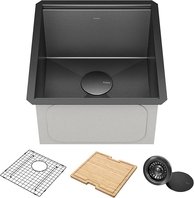 KRAUS Kore 17 Inch Undermount Workstation 16 Gauge Stainless Steel Single Bowl Kitchen Bar Sink n PVD Gunmetal Finish with Accessories, KWU1101-17-PGM