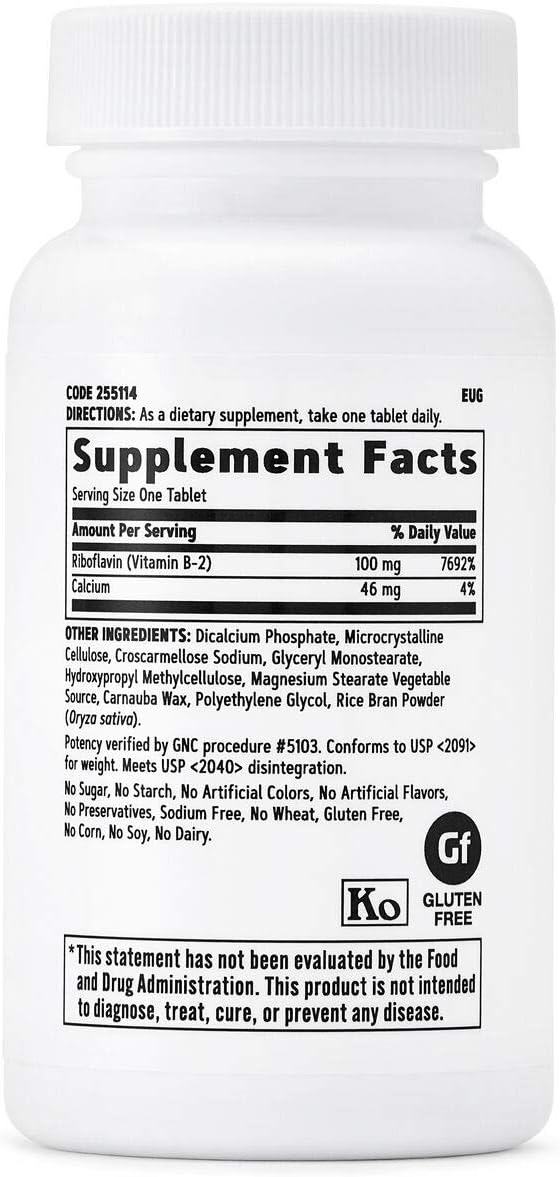 GNC Vitamin B2 100mg Supplement, Essential for Metabolism of Fats, Carbohydrates and Proteins, 100 Servings