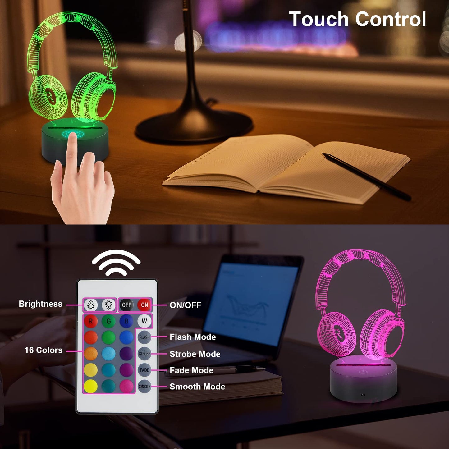 AZIMOM 3D Illusion Lamp - Multicolor Night Light with Smart Touch Sensor & Remote Control, Headset Size, Model 1