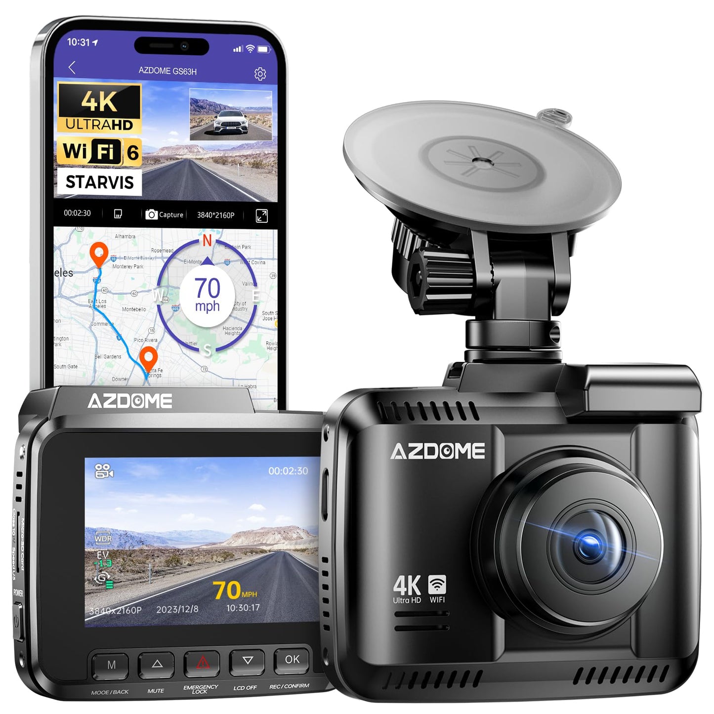 AZDOME GS63H 4K Dash Cam Built-in WiFi 6 GPS Car Dashboard Camera Recorder with STARVIS Night Vision, UHD 2160P, 150° Wide Angle, WDR, G-Sensor, Loop Recording, 24H Parking Mode