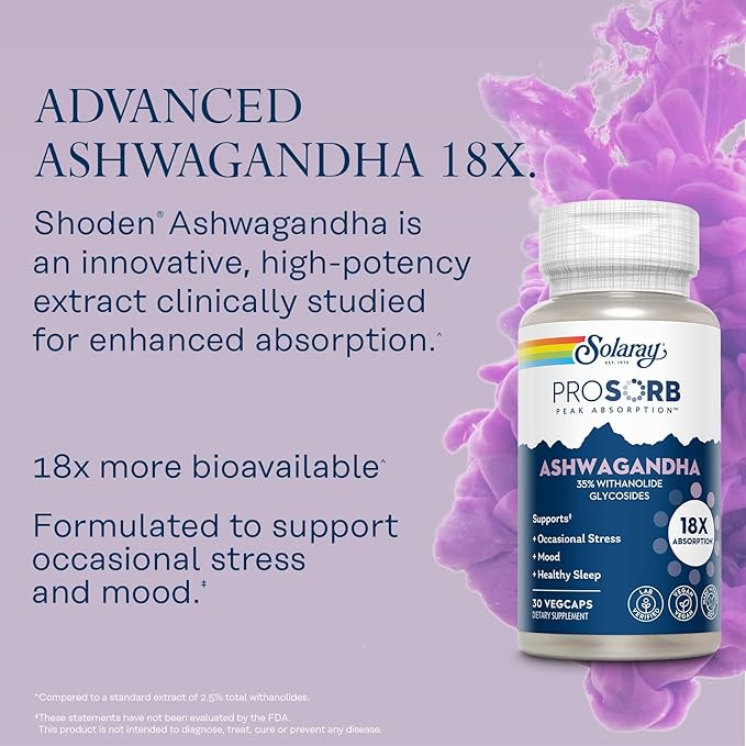 SOLARAY ProSorb Ashwagandha 18X Absorption and Mega Vitamin B Stress - Ashwagandha Supplement and Vitamin B Complex Bundle - Occasional Stress, Mood, Energy and Immune Support - Vegan, 30/40 Servings