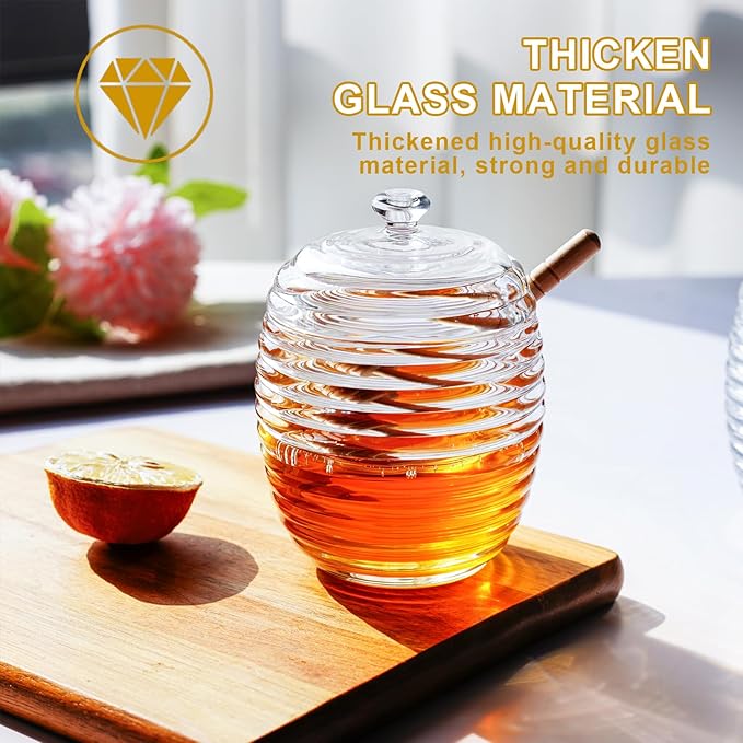 kanpura 9oz Glass Honey Dispenser, Glass Honey Jar with Dipper,Clear Crystal Honey Pot for Christams Home Kitchen Decor,Store Honey and Syrup,Easy to Clean
