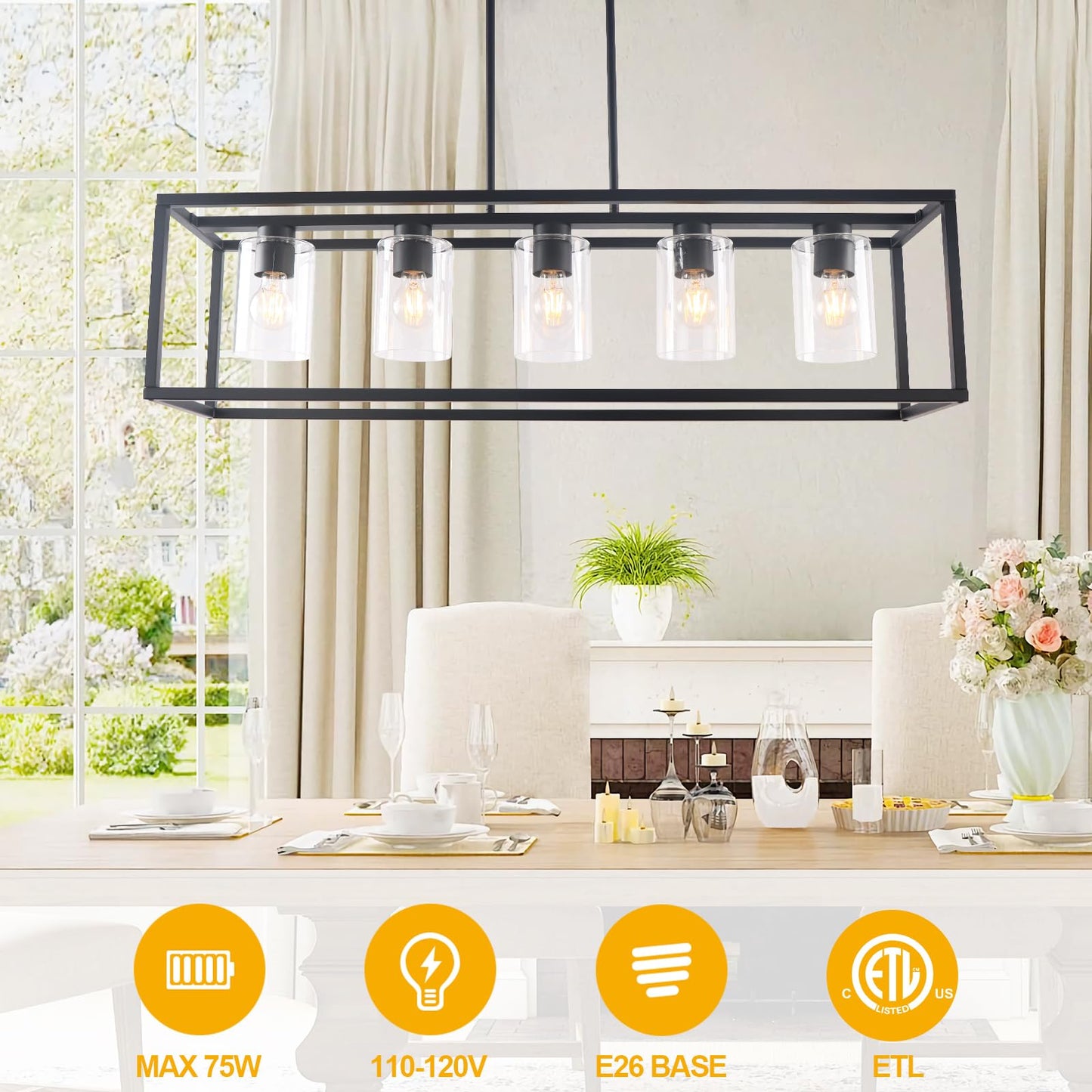 Kalium Chandeliers For Dining Room  5 Light Dining Room Light Fixture Modern Metal Industrial Kitchen Lighting Fixtures Easy Installation Pendant Lights For Bar Restaurant  Coffee Shop-E26 Base Black