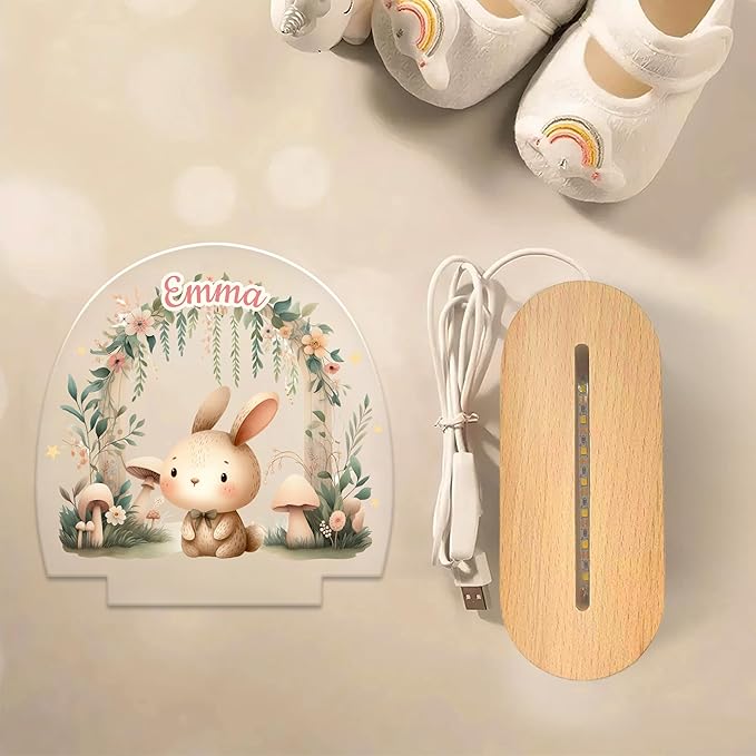 callie Acrylic Night Light Name Plate Personalized, Custom Cute Animal Dog Cat with Wooden Base Bedroom Decor, Birthday Gifts Kid Gifts for Family (Forest Animal)
