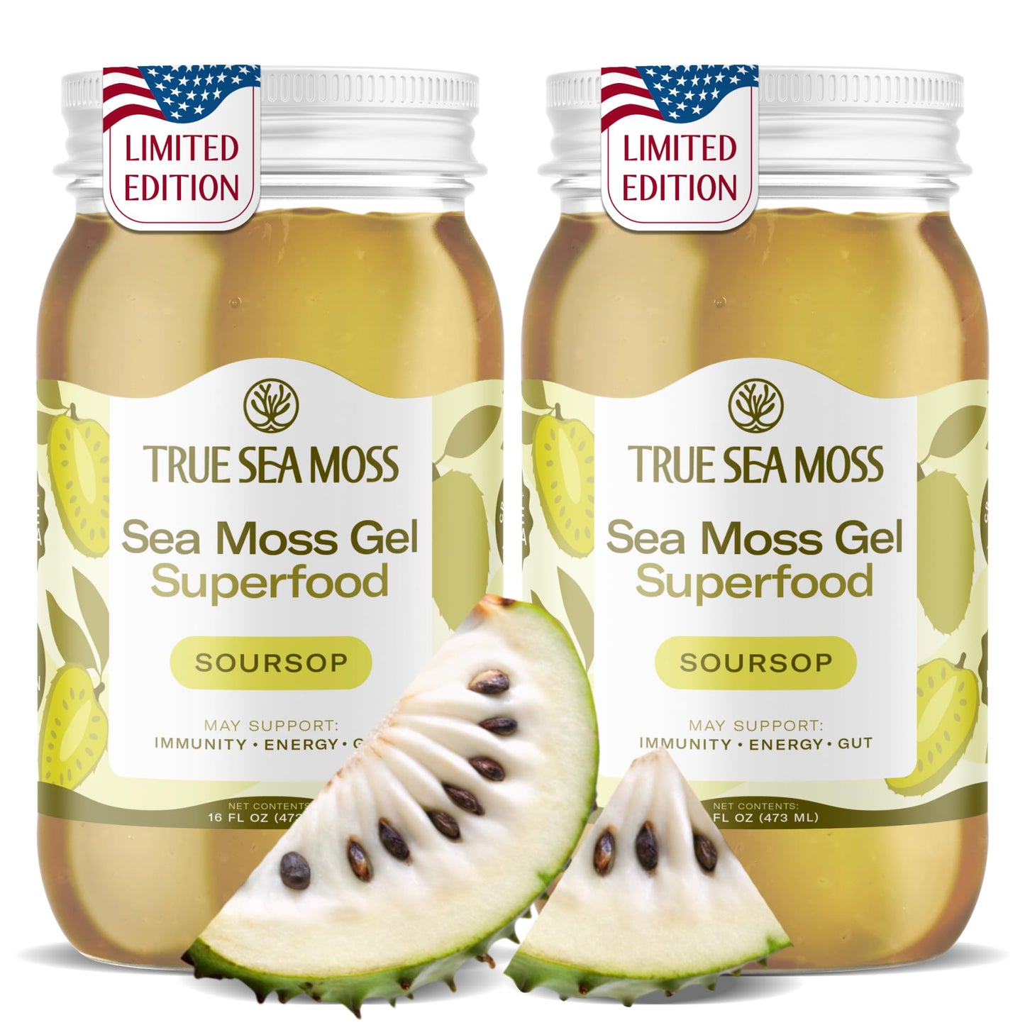 TrueSeaMoss Sea Moss Gel - Made in USA - Wildcrafted Seamoss  Fruits & Jarred Vegetables - Soursop  Pack of 2 (Labels may Vary)