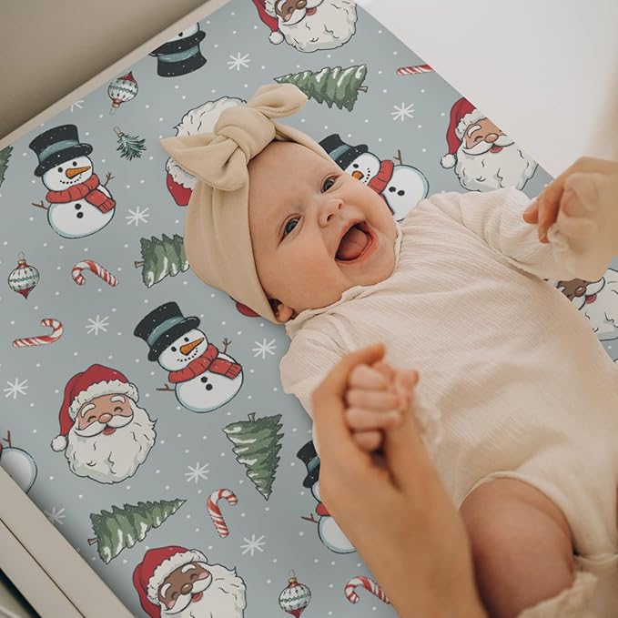 Cute Santa Claus Christmas Trees Baby Changing Pad Covers for Boy Girl Red Santa Snowman Candy Fitted Changing Table Cover Mats Winter Holiday Festive Soft Diaper Change Table Cover Sheets 32''×16''