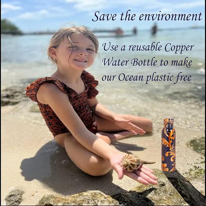 Pure Copper Water Bottle - Handcrafted - Ayurveda health benefits - Large 35 oz - Leak proof - Easy to carry for Sports, Fitness, Yoga, School - Royal Blue Base Floral Golden Vines Enamel