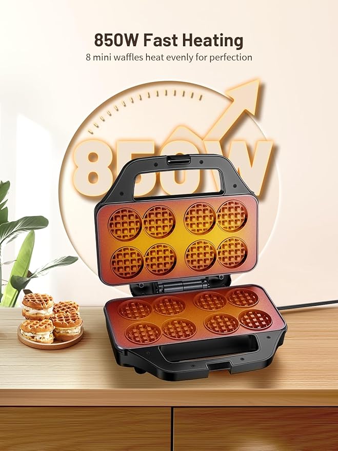 Mini Waffle Maker Machine, 8 Small Waffle Bites, Nonstick Waffle Iron with Quick Heat-Up, Easy Breakfast Makers for Home, Family, Snacks or Desserts